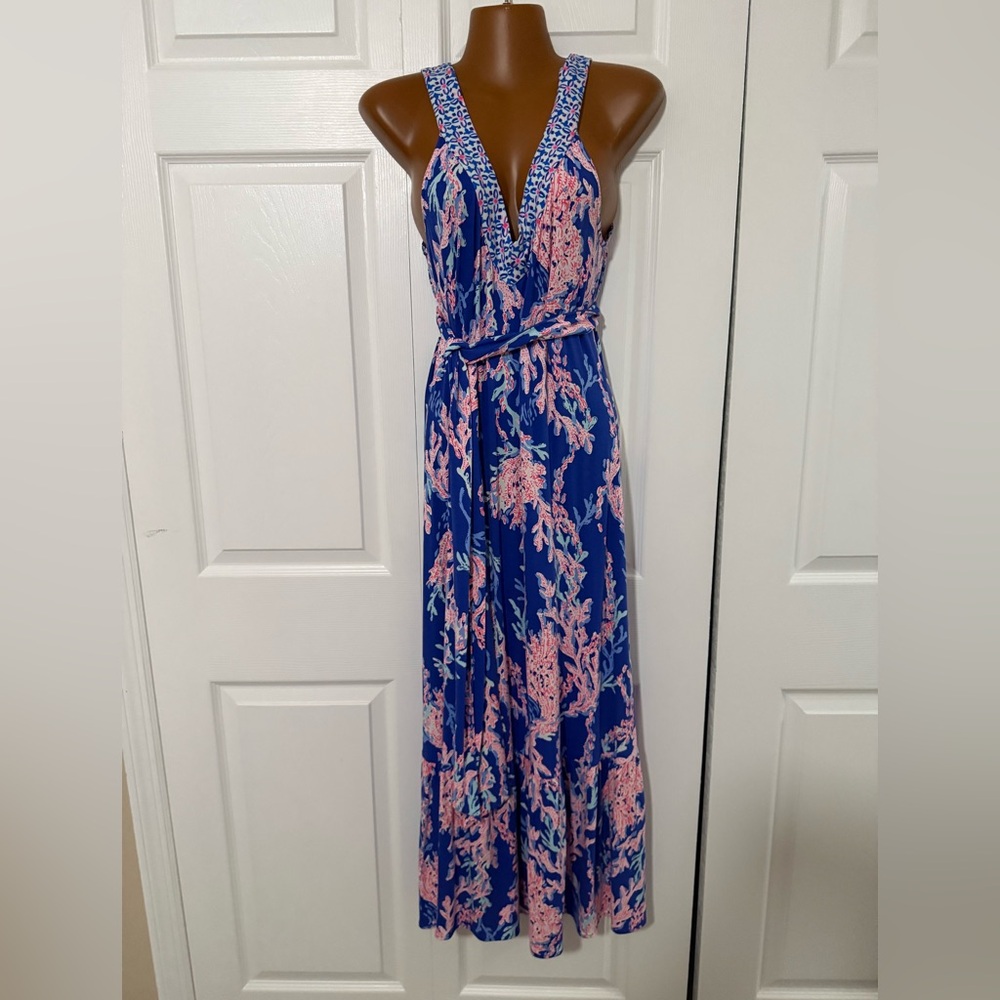 Lilly Pulitzer Blue and Pink Coral Print Maxi Dress